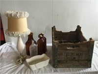 Milk Glass Lamp, Crate, Bottles & Planter