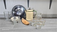 Platter, Enamelware Kettle, Glasses, Shakers
