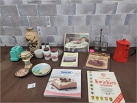 Vintage vase, fine china, cook books, etc