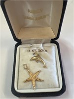 14K Gold Dolphin & Starfish Charms Pendants