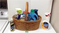 Assorted cleaners/detergent  in basket