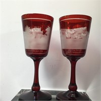 PAIR ETCHED RUBY GOBLETS CRYSTAL PALACE 1851
