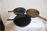3 CAST IRON PANS - 1 IS A LODGE
