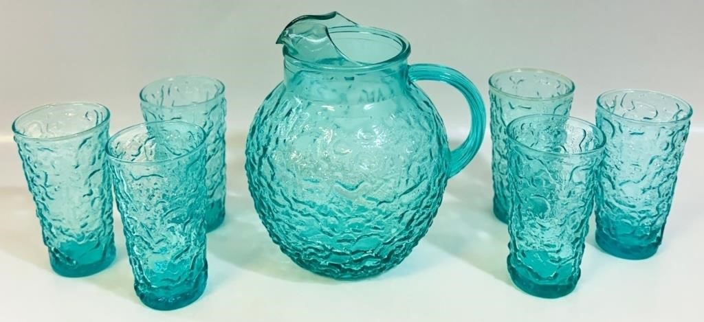 AWESOME MID CENTURY GLASS PITCHER & TUMBLER SET