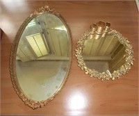 2 brass framed mirrored dresser trays