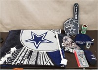 Box of Dallas Cowboys Gear, Blanket, Flag, beanie