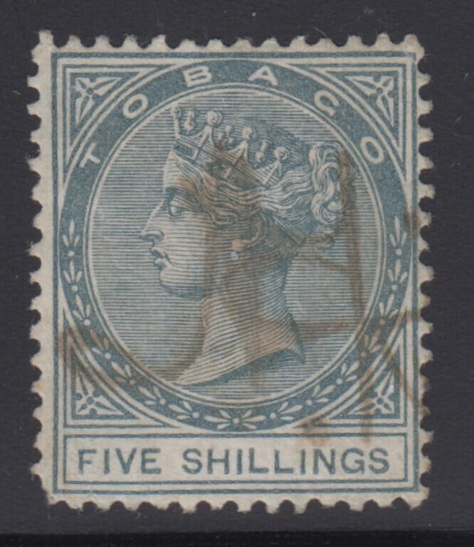Tobago Stamps #5 used, two short perfs, manuscript