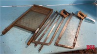 2 Meat Saws w/ extra Blades, Antique Wash Board