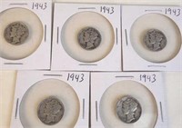 5 - 1943 Mercury Silver Dimes