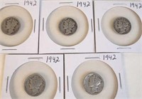 5 - 1942 Mercury Silver Dimes