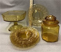 Vintage Amber Glass Compote,Plates , Canister