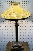 Brass Parlor Lamp With Green & Goldtone Shade