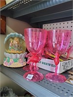 Snow Globe, Pink Plastic Flamingo Glasses & Box