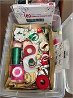 Tote of misc Christmas -ornaments, ribbon, etc