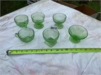 6- assorted green depression glasses