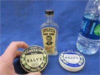 small old "hair tonic" bottle & 2 salve tins