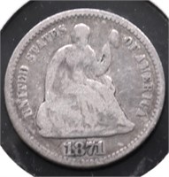 1871 HALF DIME VG