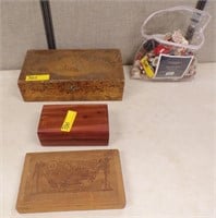 (3) WOODEN BOXES, MISC CHRISTMAS DECORATIONS