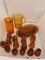 Dark Amber Glass Dishes: Pitcher, Vase, Oval