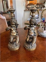 Pair of Heavy Brass Cherub Candle Holders