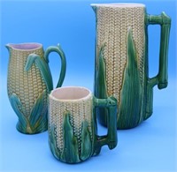 3 PCS. CORN PATTERN MAJOLICA, 12 1/2" PITCHER