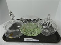 TRAY: 2 COVERED & OPEN GLASS BOWLS