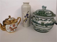 Lovely vase and Asian patterned teapot and pot