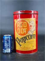 RED DOT POPCORN CAN 7 QUARTS DRY CLOWN PAPER LABEL