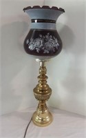 Beautiful Handpainted Cranberry & Brass Table Lamp