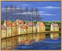 JEAN-PIERRE CAPRON (FRENCH) PAINTING, RIVER HOUSES