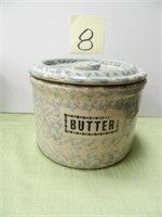 Blue Sponge Butter Crock w/ Button Handle Lid