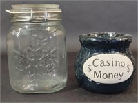 Blue Casino Money Ceramic & Clear Jar with Lid