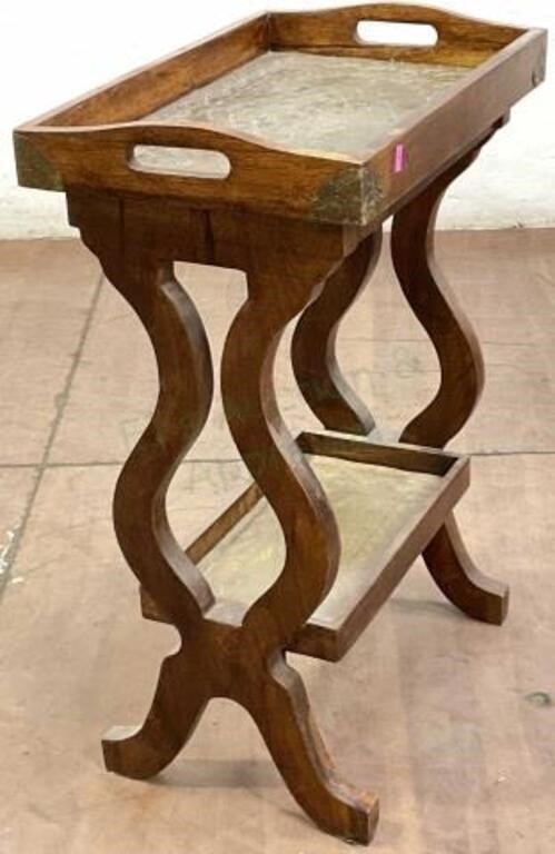 Vintage 2-tier Wood Stand W/ Brass Lined Trays