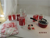 Coca Cola Pitcher and assorted style Glasses Apron