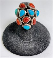 Vintage Sterling Turquoise/Coral Dome Ring 11 Gr