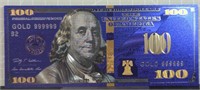 24k gold-plated Blue $100. Banknote