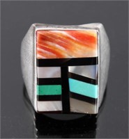 Signed Navajo Sterling Silver Inlaid Mosaic Ring