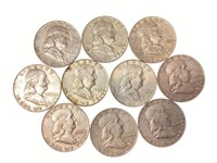 (10) 1962 Benjamin Franklin Silver Half Dollars