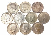 (10) 1964 J. F. K. 90% Silver Half Dollars