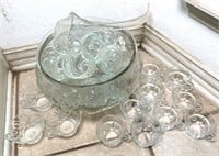 Molded Glass Punch Bowl & Cups