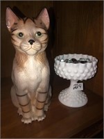 Fenton compote white hobnail and a cat figure