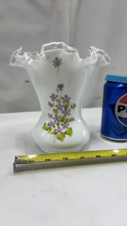 Fenton 1970s Silvercrest Milk Glass Violets Vase