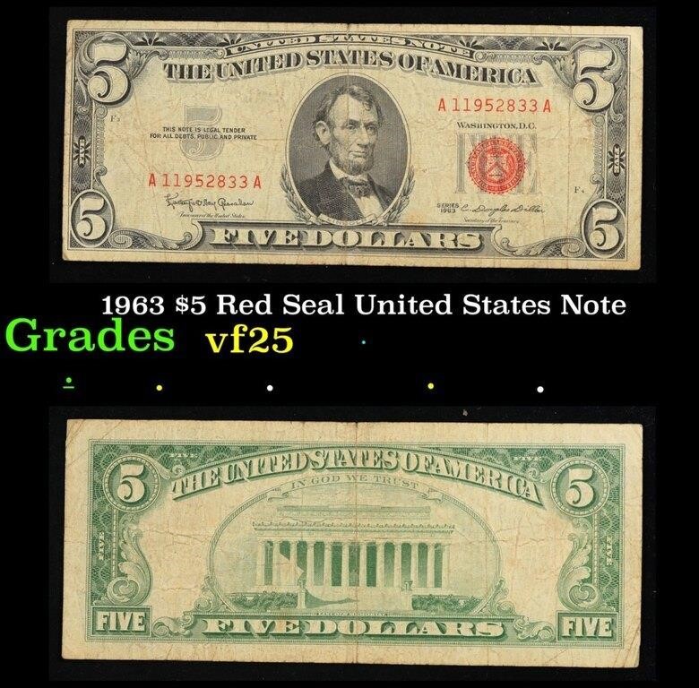 1963 $5 Red Seal United States Note Grades vf+