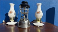 TILLEY LAMP AND 2 MILK GLASS ELECTRIFIED LAMPS