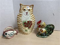 3 Ceramic Planters - Cat, Fish, Rooster