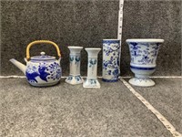 Blue Vase, Teapot, and Candleholder Bundle