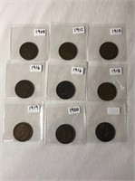 9 - Canadian Large One Cent Coins 1908-1920