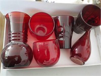 box of ruby red , vase, glasses