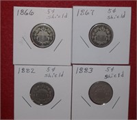 (4) Five Cent Shield Coins 1866 to 1881 Mix