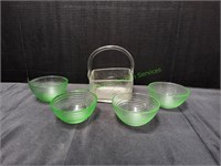 (1) Glass Basket & (4) Green Glass Bowls